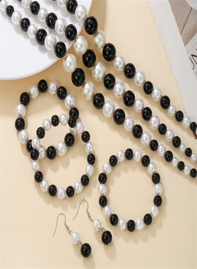 TETING GINING Black White Pearl Beaded Necklace Bracelets Earrings Set for Women Jewelry (Color A) - Image 3